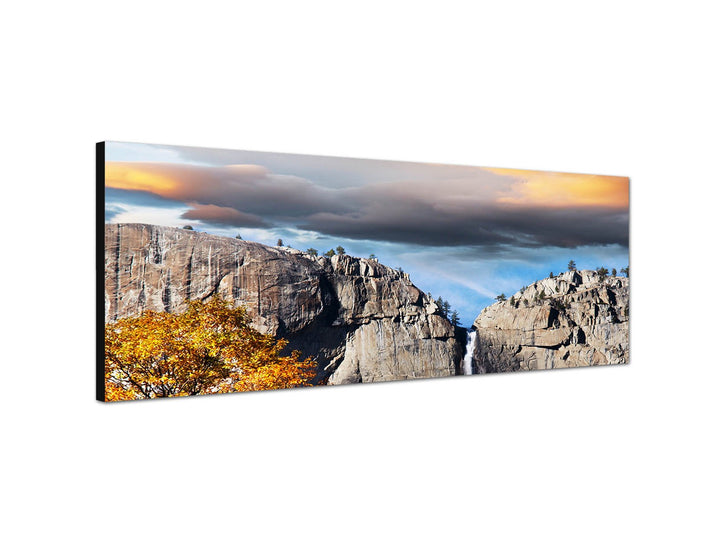 Augenblicke Wandbilder Keilrahmenbild Wandbild 150x50cm Yosemite Landschaft Felsen Wasserfall Herbst
