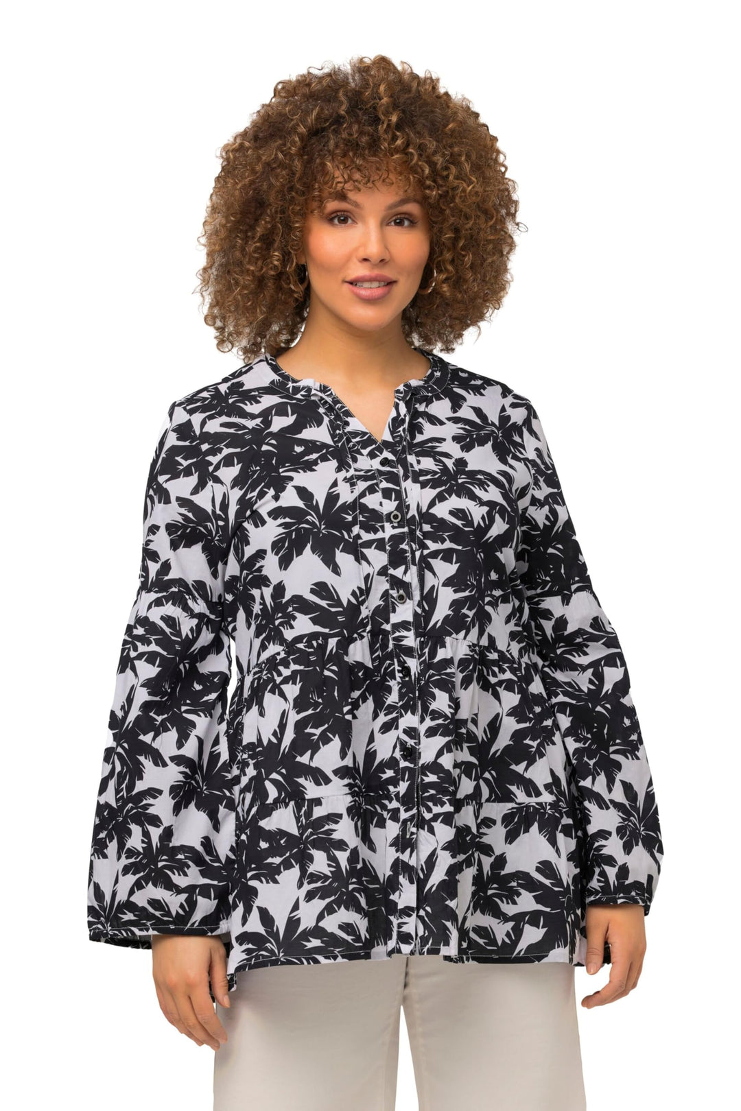 Ulla Popken Damen grosse Grössen Übergrössen Plus Size Tunika, Palmen, A-Linie, Volants, Rundhals, L
