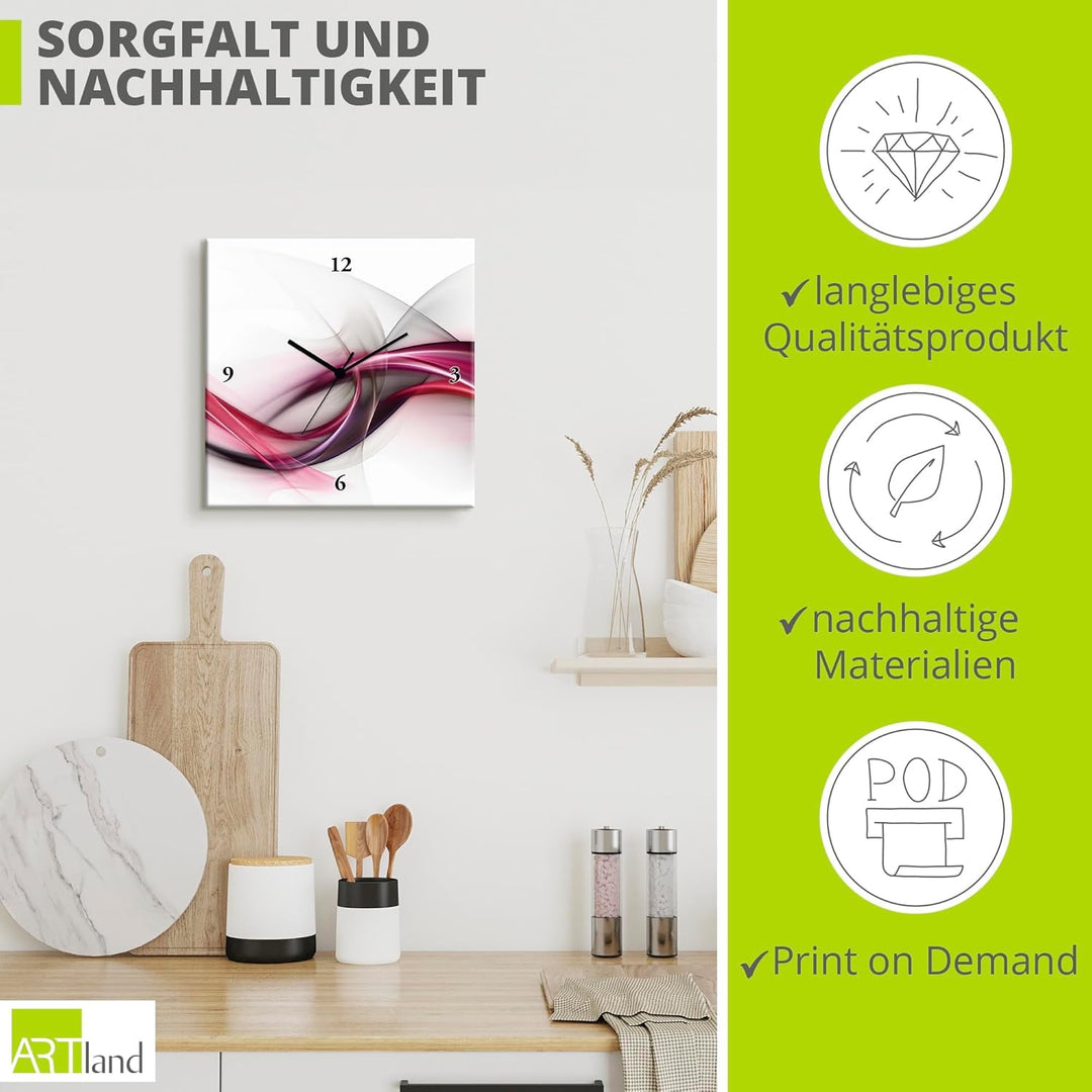 ARTLAND Wanduhr ohne Tickgeräusche Leinwand Quarzuhr 30x30 cm Quadratisch Lautlos Design Welle Abstr
