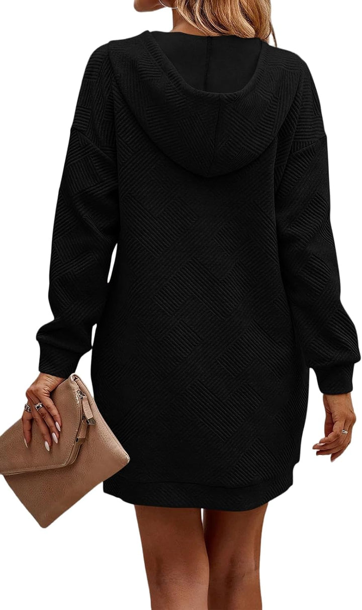 TrendiMax Damen Hoodie Kleid Herbst Übergangs Kapuzenpullover Sweatkleid Textur Knopf Langarm Sweats