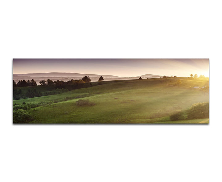 Paul Sinus Art Panoramabild auf Leinwand und Keilrahmen 150x50cm Ukraine Wiesen Berge Morgenlicht