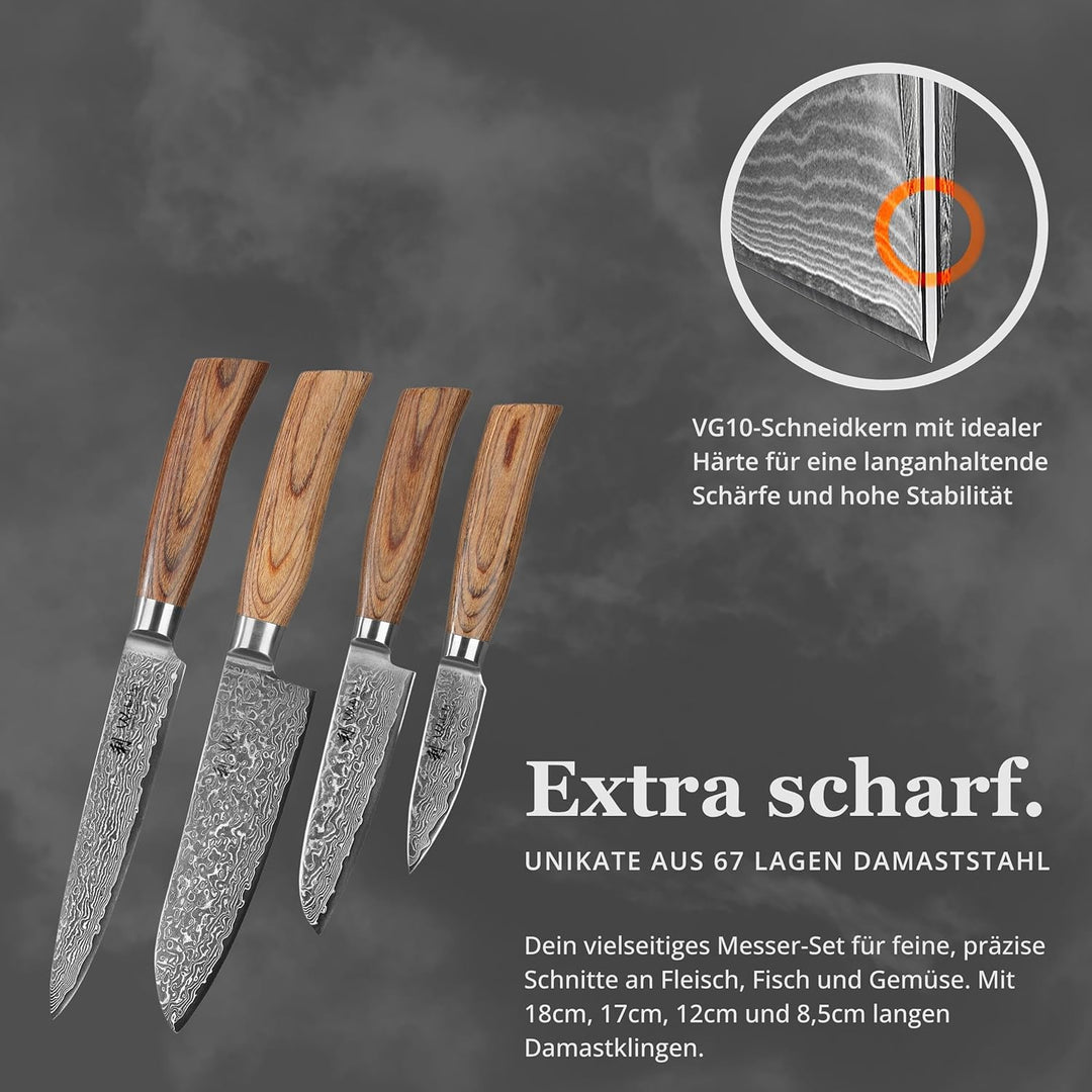 Wakoli EDIB Pro Premium 4er Damastmesser-Set mit Messerblock I 8-17 cm Klingen gefertigt aus 67 Lage