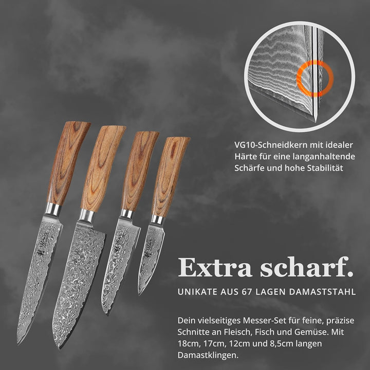 Wakoli EDIB Pro Premium 4er Damastmesser-Set mit Messerblock I 8-17 cm Klingen gefertigt aus 67 Lage