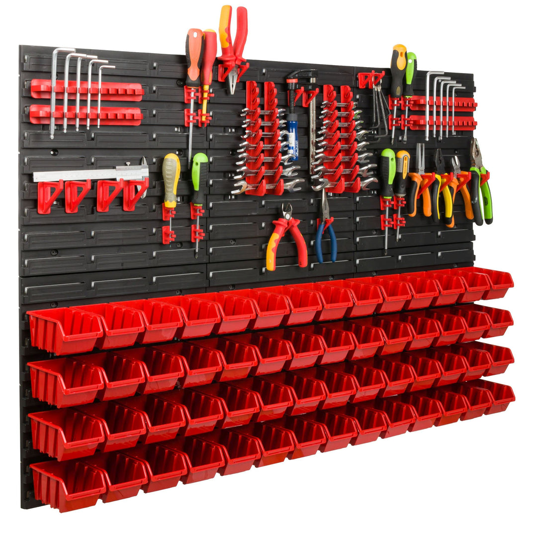 Lagersystem Werkstattregal | 117 x 78 cm | 56 stck. Box | Wandregal mit Werkzeughalterungen und Stap