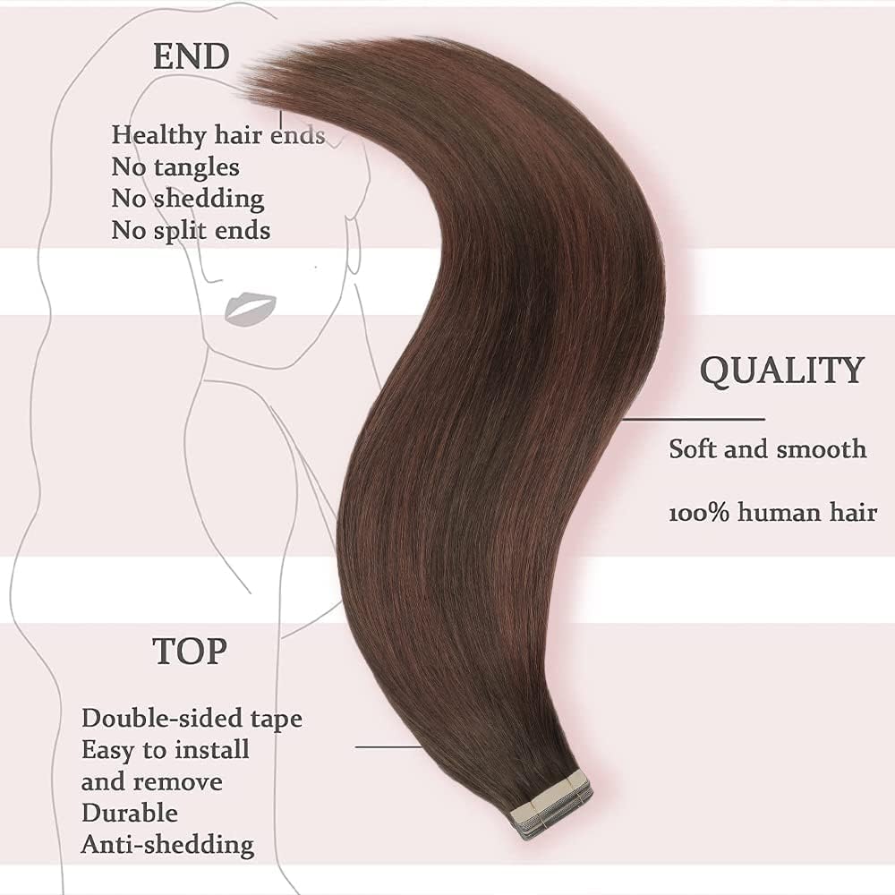 HotLulana Tape Extensions Echthaar Balayage Schokoladenbraun mit Dunkelrotbraun（#4/4/33) Tape in Ext