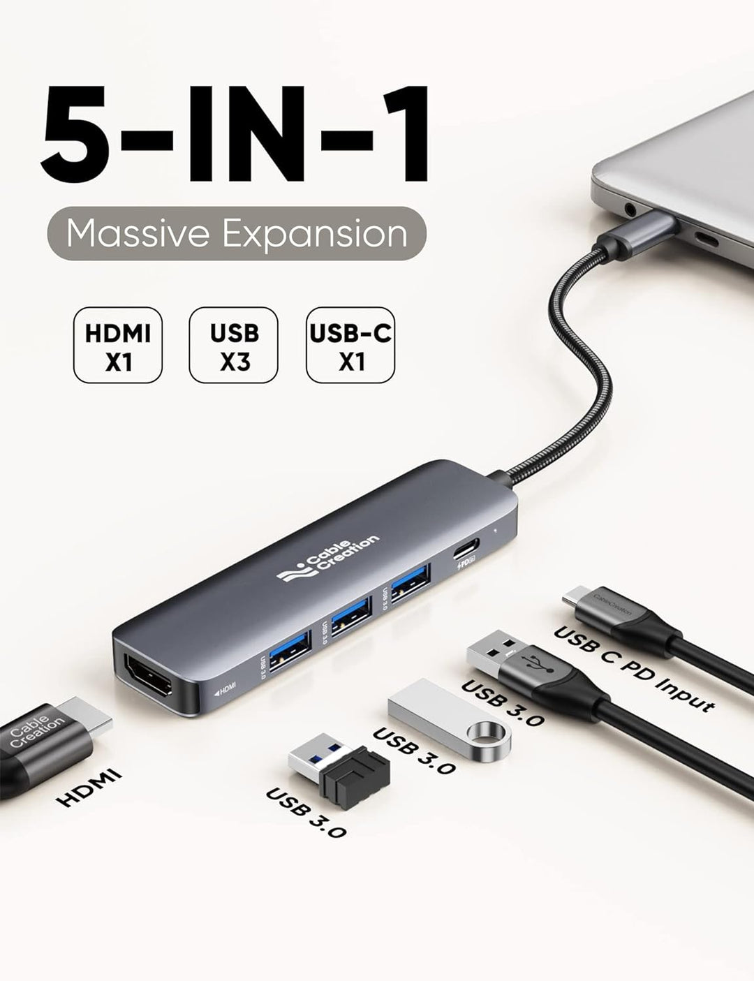 USB C Hub, CableCreation 5-in-1 USB C auf HDMI Multiport Adapter, 100W PD, 3 USB 3.0 Ports für MacBo