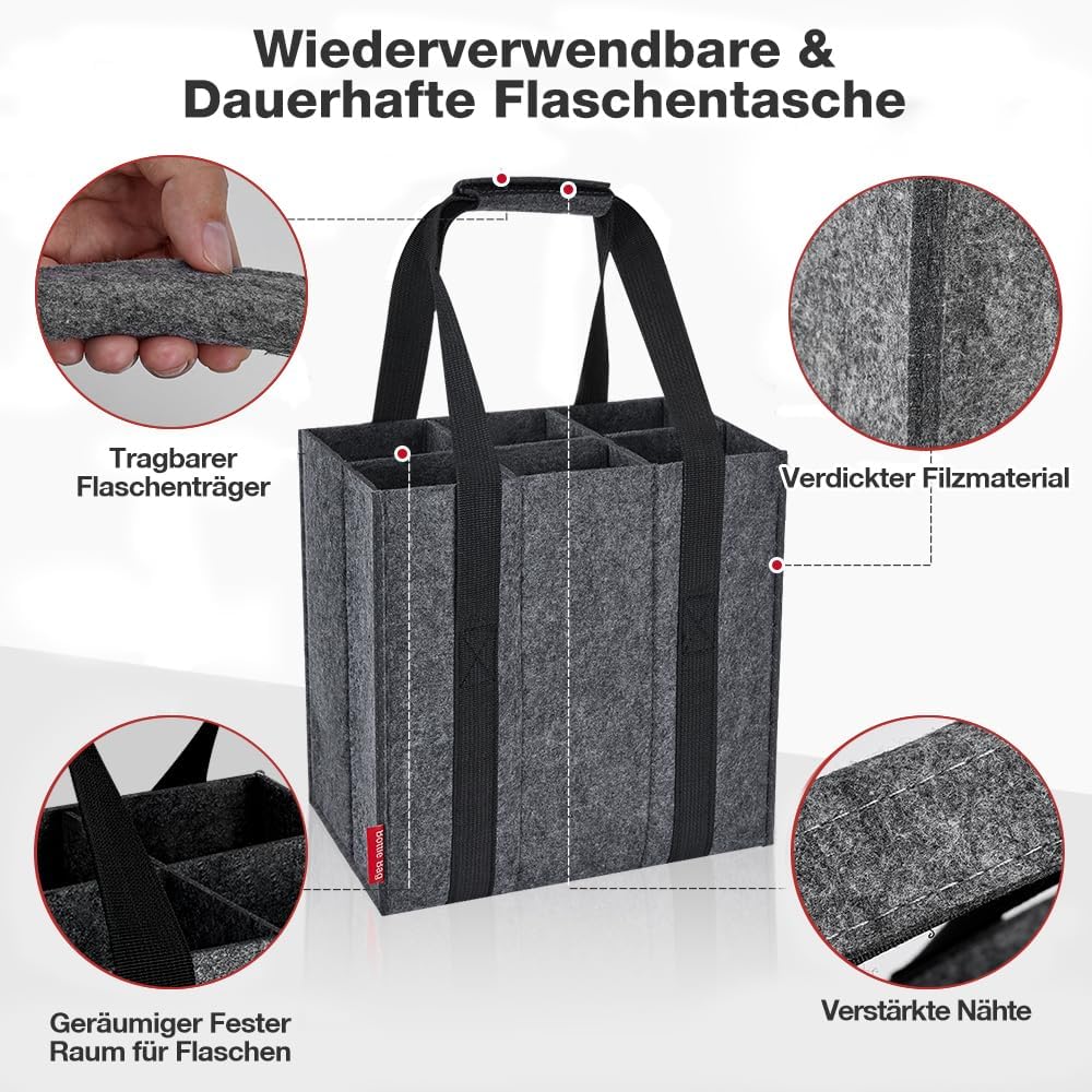 Flaschenträger 6 Fächer Flaschentasche, Filz Flaschen Tasche Wiederverwendbar Männerhandtasche für B