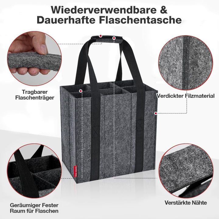 Flaschenträger 6 Fächer Flaschentasche, Filz Flaschen Tasche Wiederverwendbar Männerhandtasche für B