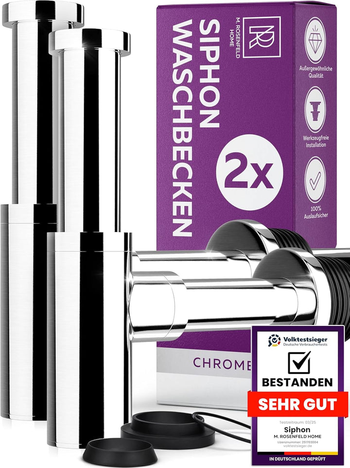 Siphon Röhrensiphon/Sifon Badezimmer/Bad/Geruchsverschluss (Chrom Design 2er-Set), Chrom Design 2er-