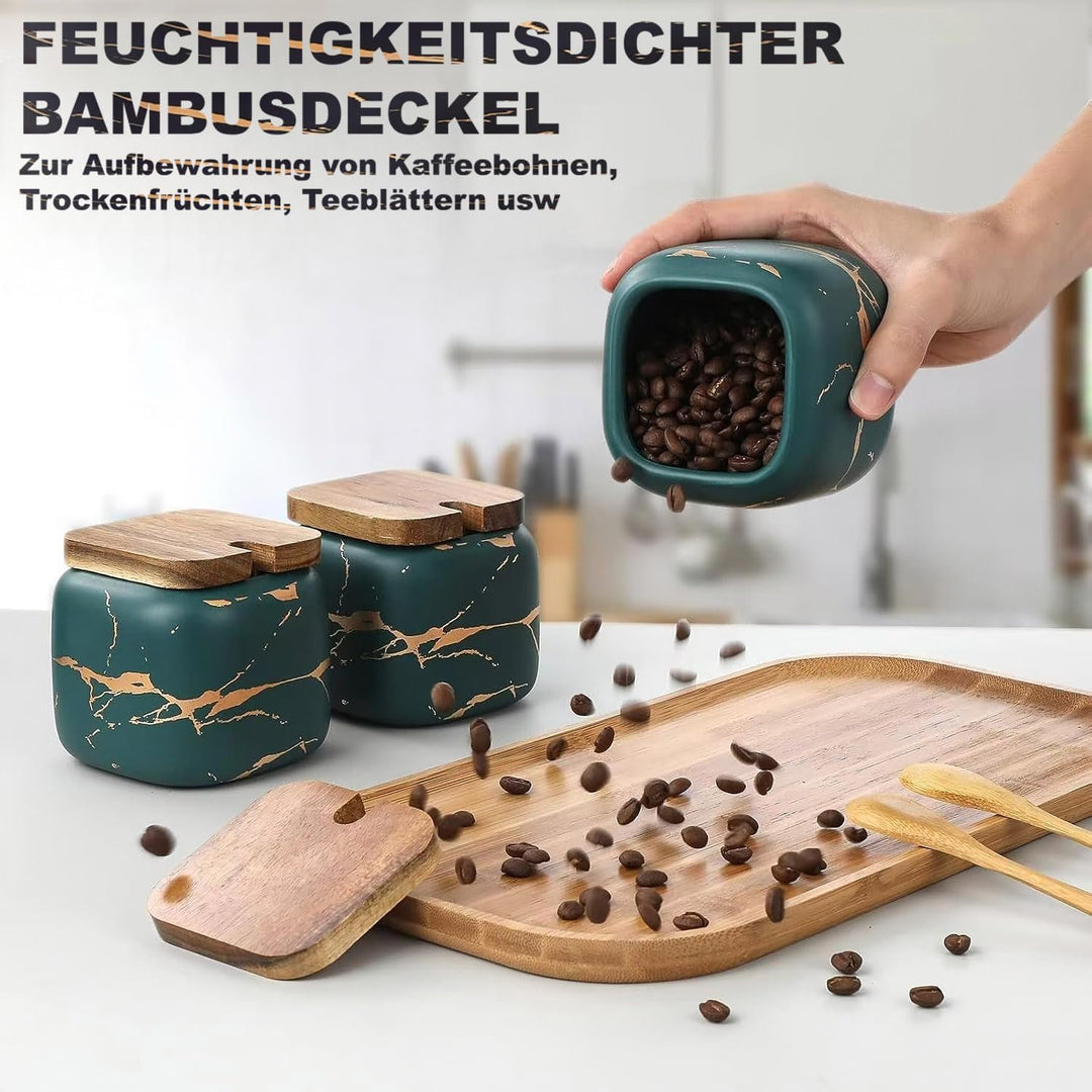 Gewürzgläser Set, 3 Stk Keramik Zuckerdose mit Deckel und Löffel Bambus für Haus und Küche, Alternat