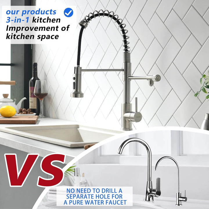 TIMACO 3 Wege Wasserhahn Küche Mit Ausziehbare Brause,Küchenarmatur-360° Drehbar,mit 3 in 1 Wasserha