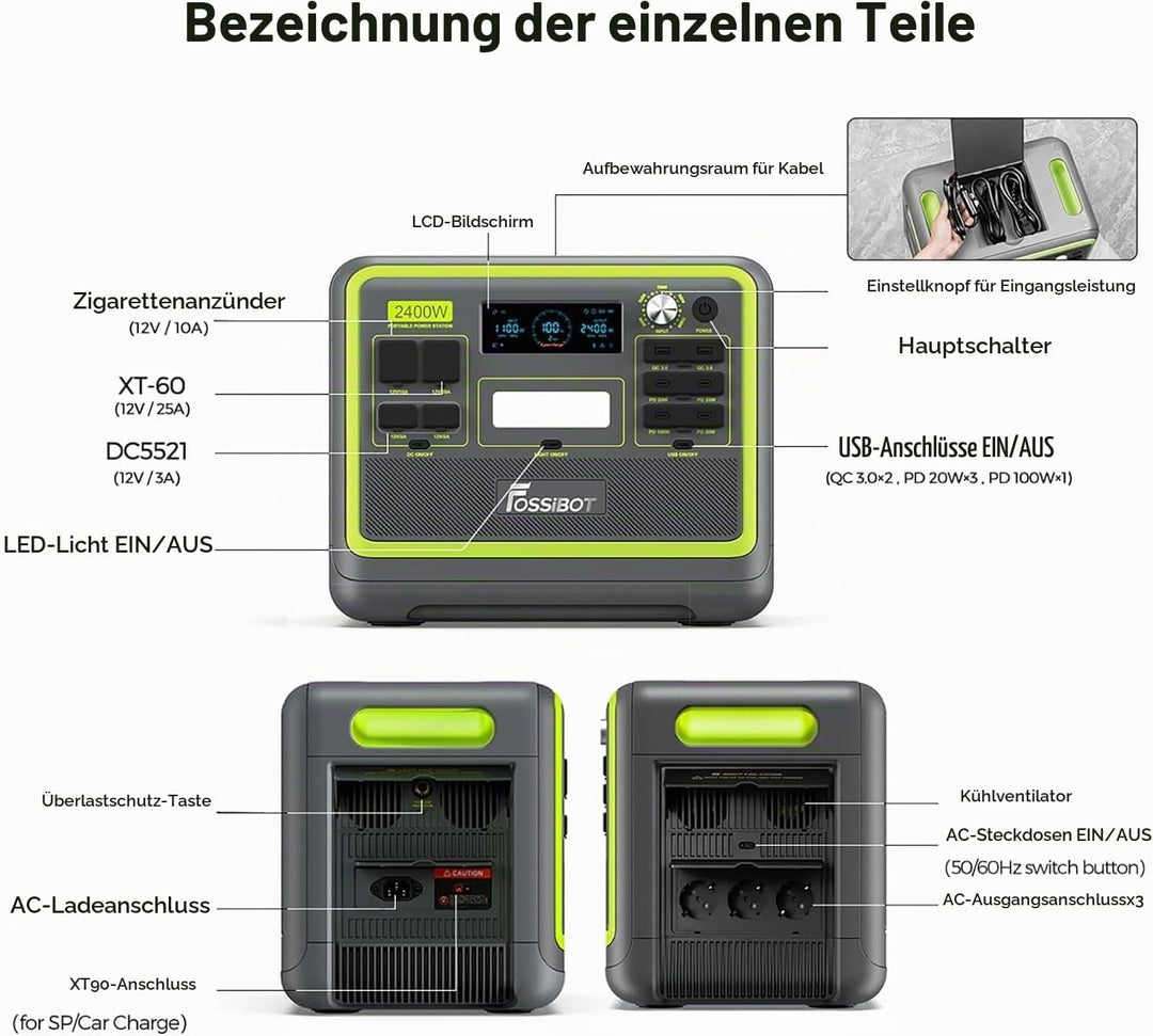 FOSSiBOT F2400 Powerstation mit 200W Solarpanel, Solargenerator 2048Wh LiFePO4 Batterie 230V 2400W 3