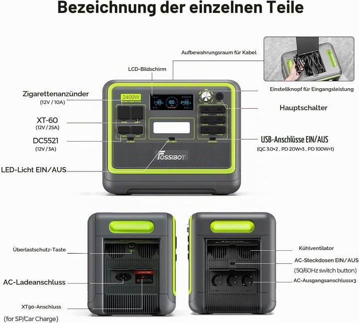 FOSSiBOT F2400 Powerstation mit 200W Solarpanel, Solargenerator 2048Wh LiFePO4 Batterie 230V 2400W 3