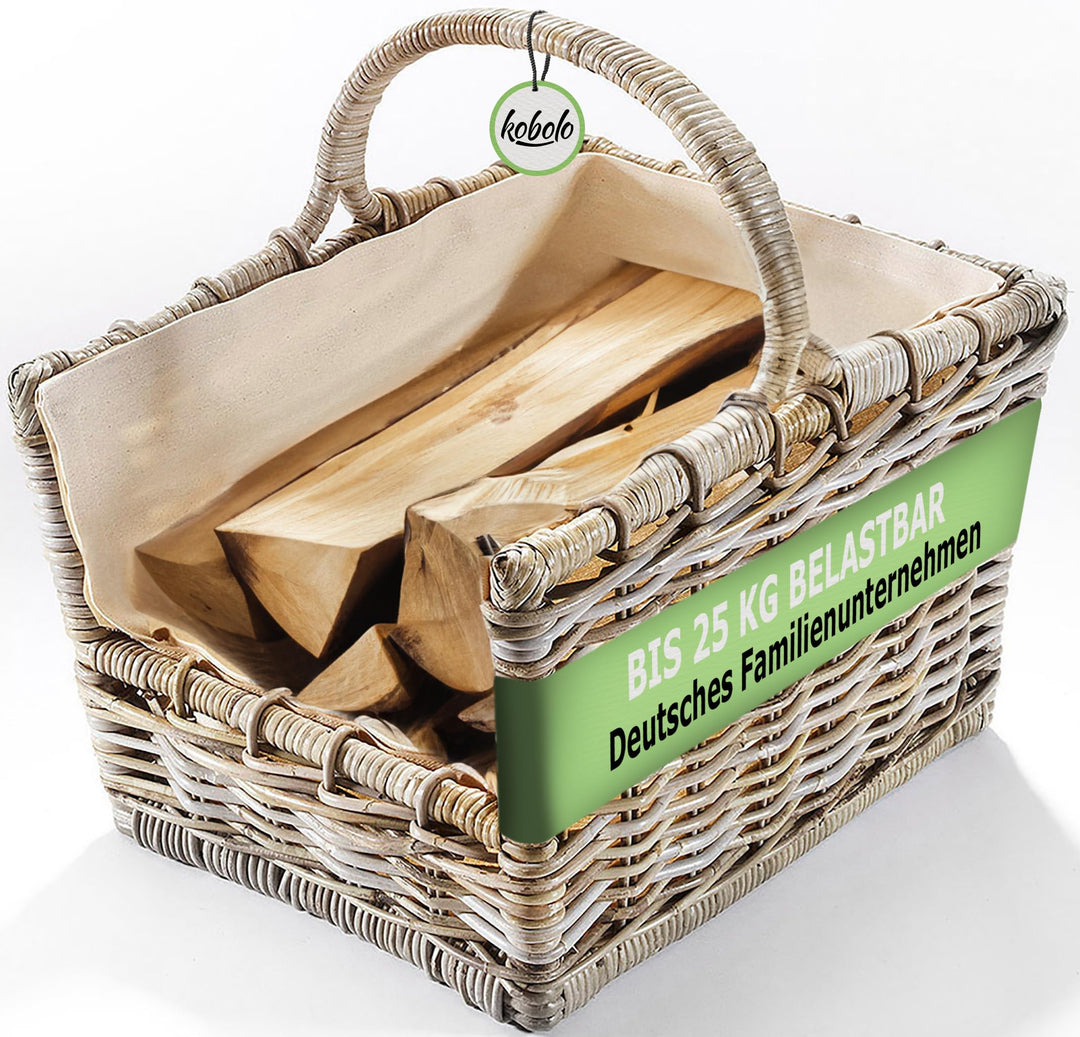 Kobolo Kaminholzkorb Holztrage Holzkorb für Kaminholz Rattan grau mit abnehmbarem, 50x38x33