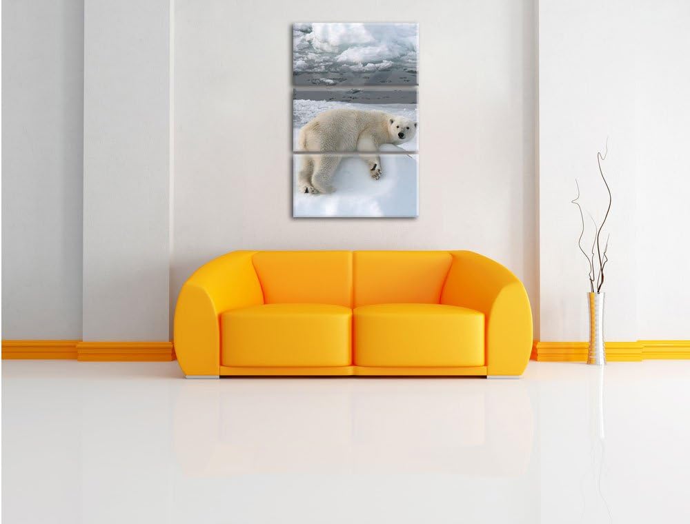 Pixxprint Eisbär auf Eisberg / 3-Teilig/Gesamtmass 120cm Leinwandbild bespannt auf Holzrahmen/Wandbi
