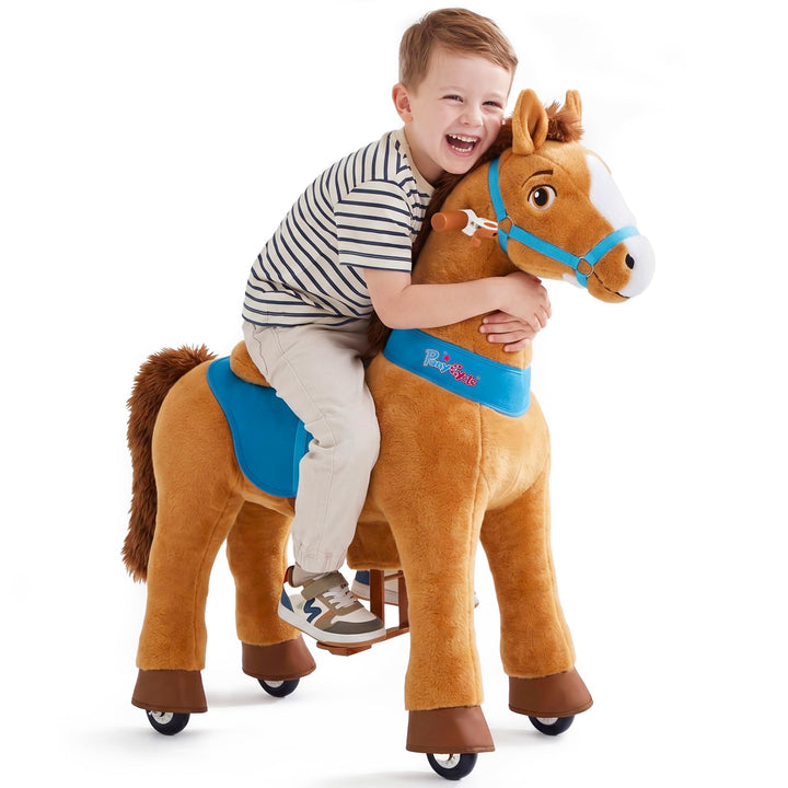 PonyCycle Pferd zum reiten, für Kinder 4–7 Jahre, 90cm Hoch, Reitpferd auf Rollen mit Handbremse, Sc
