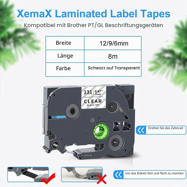kompatibles Klebeband 6mm x 8m Ersatz für Brother PT TZE-111, TZE-121, TZE-131 Schwarz auf Transpare