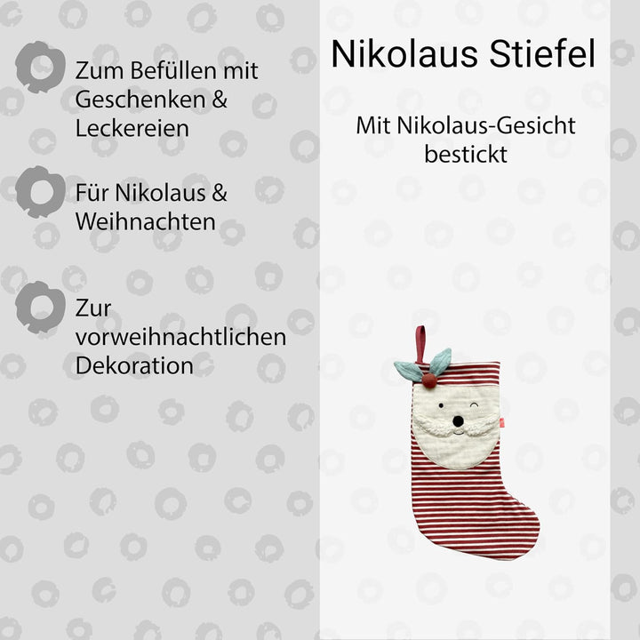 kikadu Nikolausstiefel - Aus 100% GOTS zertifierter Bio-Baumwolle, mit besticktem Nikolausgesicht, z