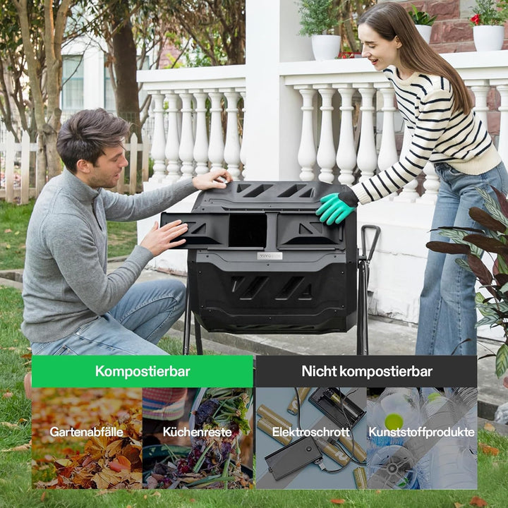 VIVOSUN Trommelkomposter 163L, Drehbarer Schnellkomposter mit 2 Kammern, Robuster Kunststoff Gartenk