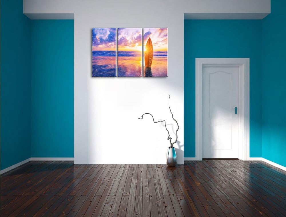 Pixxprint Surfbrett am Strand als Leinwandbild/Grösse: 3 Teilig (120x80 cm) cm/Wandbild/Kunstdruck/f