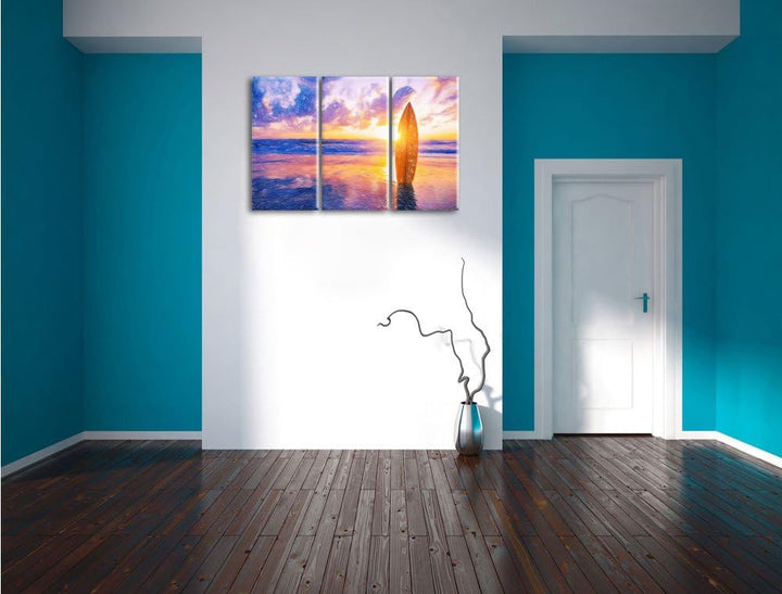 Pixxprint Surfbrett am Strand als Leinwandbild/Grösse: 3 Teilig (120x80 cm) cm/Wandbild/Kunstdruck/f