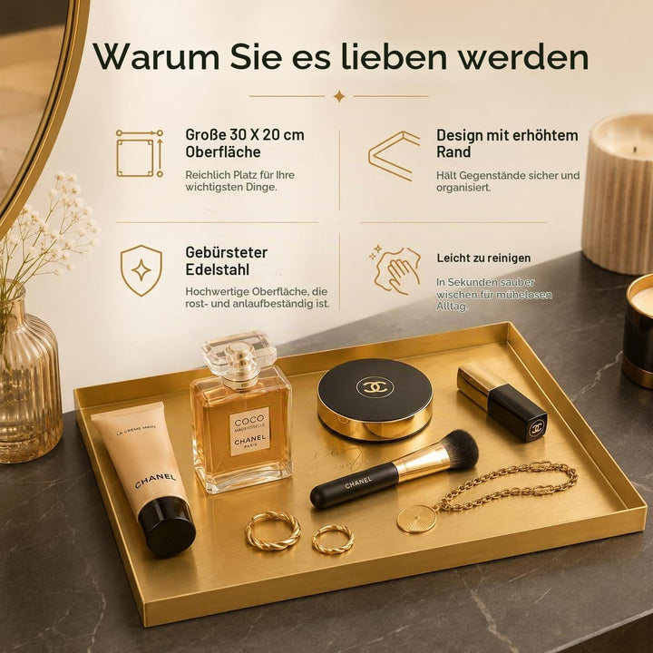 Deko Tablett Gold Tablett Rechteckig, Schmucktablett Edelstahl Badezimmer Tablett Dekotablett Schmuc