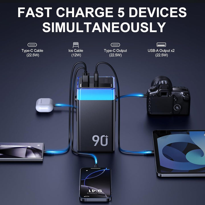 Powerbank 50000mAh mit Kabel, 22,5W PD USB-C Schnellladegerät, Externer Akku mit 3 integrierten Kabe
