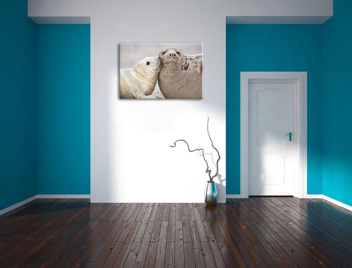 Schmusende Robben Format: 100x70 auf Leinwand, XXL riesige Bilder fertig gerahmt mit Keilrahmen, Kun