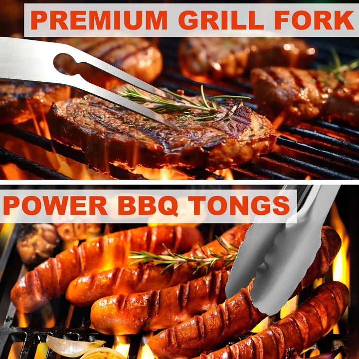 N NOBLE FAMILY Premium Grillzubehör Set mit Bambusmaserung Glatter Griff - 30PCS Edelstahl Grill Set