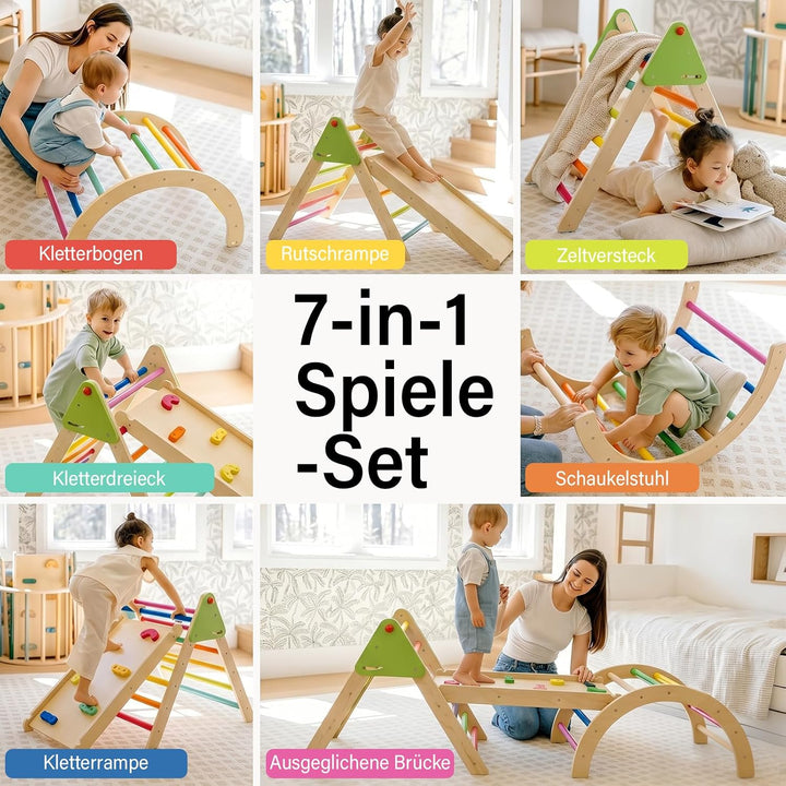 Klettergerüst Indoor Spielset 7-in-1 Klettergerüst mit Rutsche,Bogen für Kleinkinder und Kinder