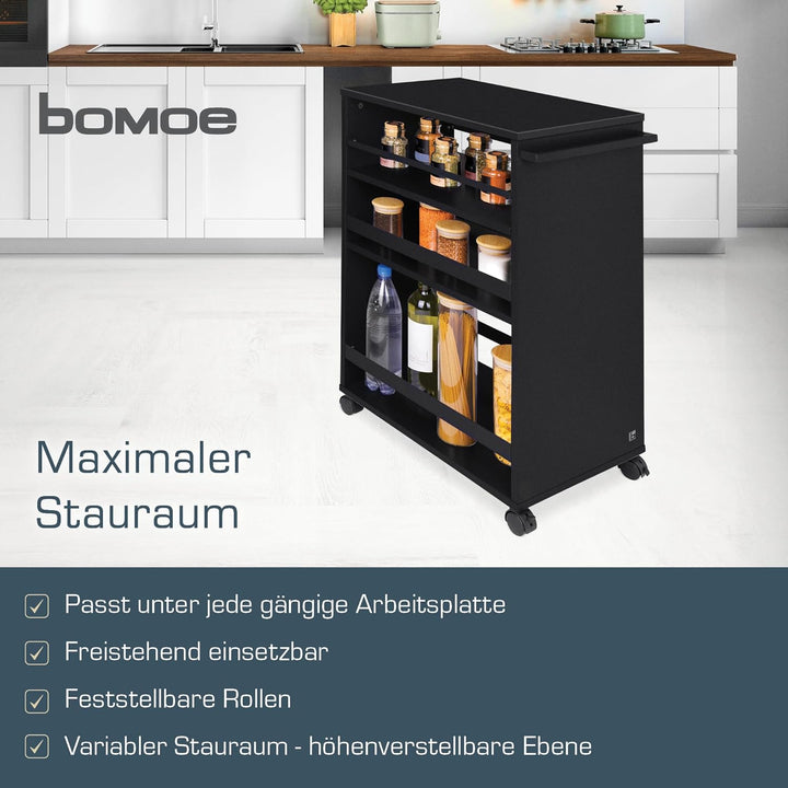 bomoe Nischenwagen Servierwagen auf Rollen mit 3 verstellbaren Ebenen & FSC® Holz Küchenwagen mit Ar