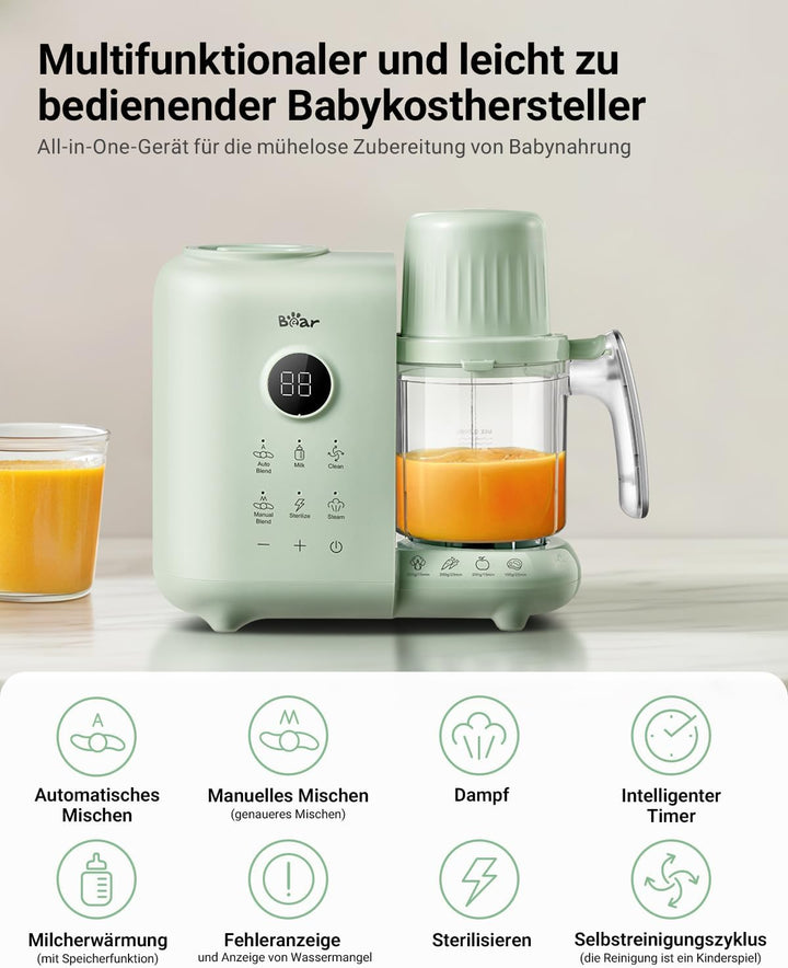 Bear 6-in-1 Dampfgarer mit Mixer Premium Babynahrungszubereiter,Dämpfen, automatisches Rühren, Milch
