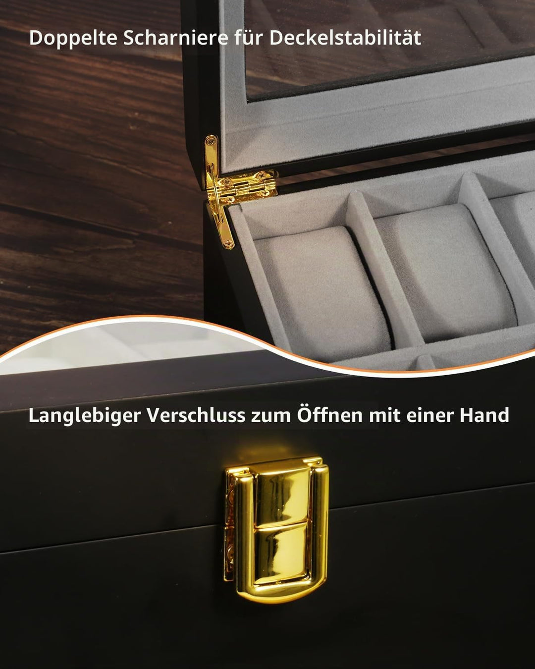Uten Uhrenbox Holz mit 20 Fächern, Uhrenkasten Herren Damen schwarze Aufbewahrungsbox Holz E- Für 20