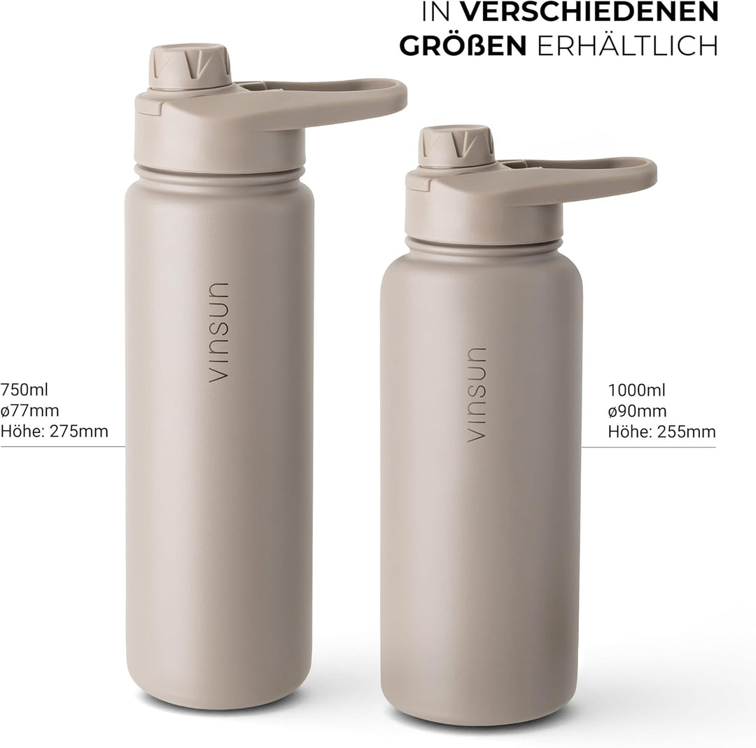 Vinsun Trinkflasche Edelstahl taupe 1L - auslaufsicher, Kohlensäure geeignet, BPA frei - Strohhalm,