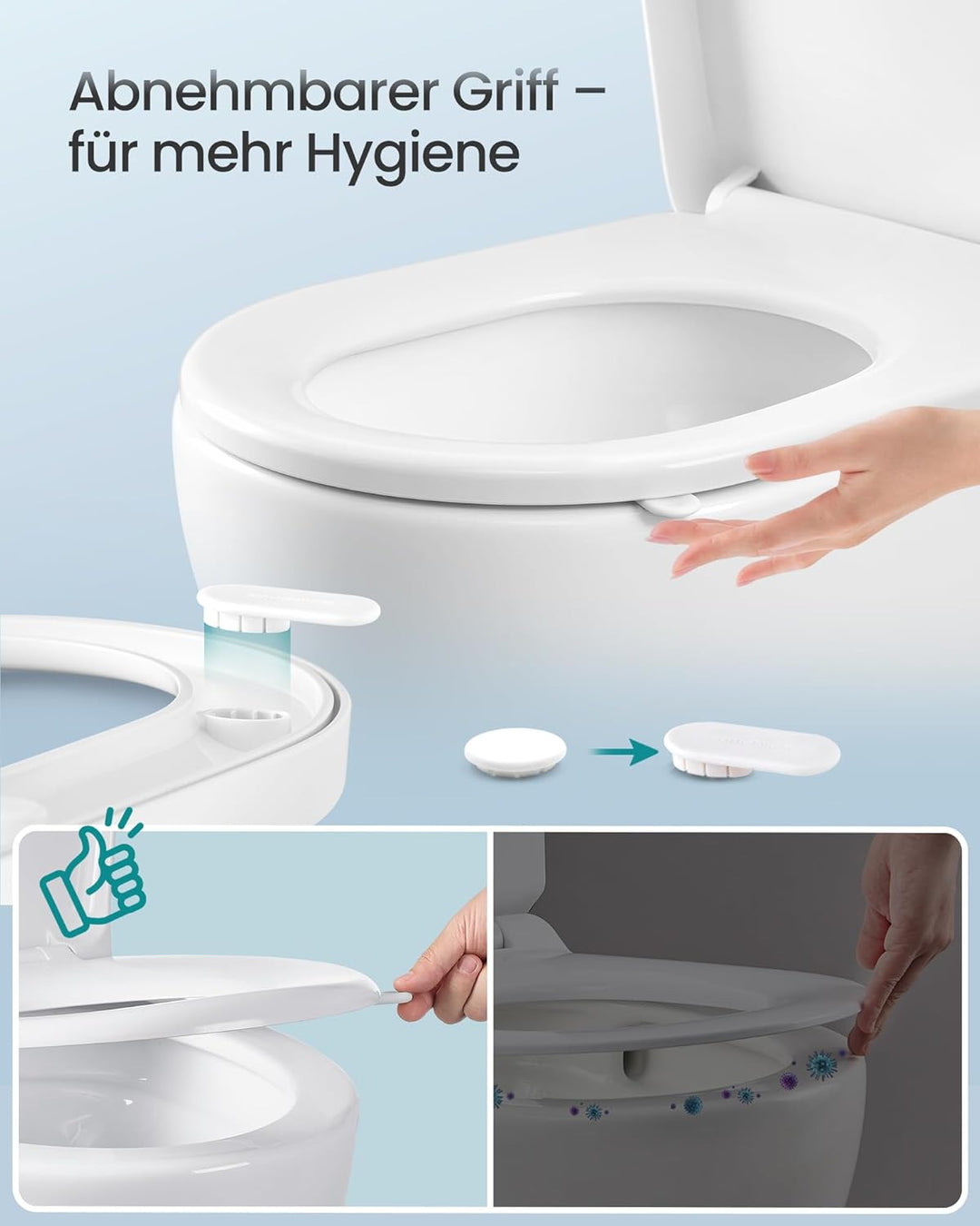 SONGMICS Toilettendeckel, lange D-Form, WC-Sitz mit Absenkautomatik, Griff, Toilettensitz abnehmbar,
