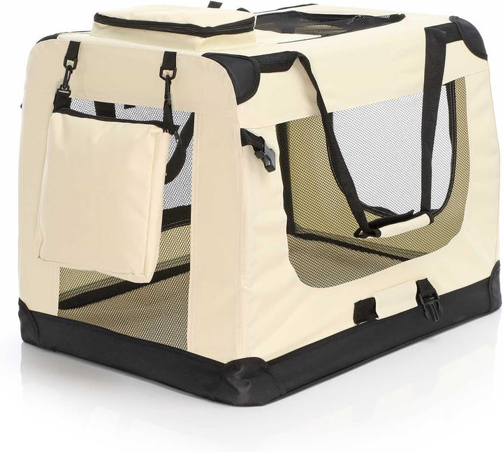 Fudajo Faltbare Transportbox in Beige für Haustiere, Grösse L (70x52x50cm), Tragegriff, Liegedecke