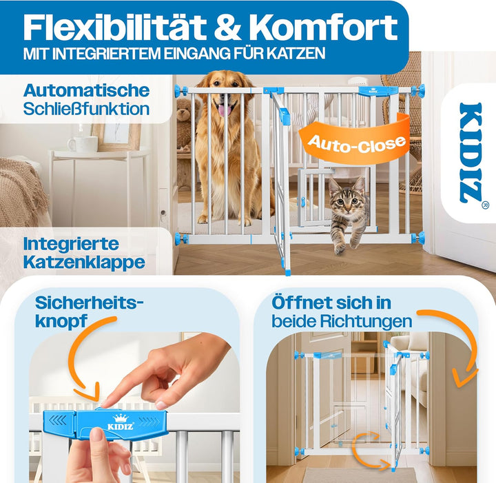 KIDIZ® Türschutzgitter Absperrgitter Treppengitter Kindergitter | mit Türe für Hunde und Katzen, Hau