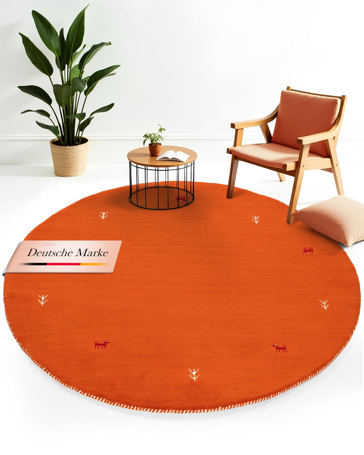 carpetfine Wollteppich Gabbeh Uni Rund Orange Ø 80 | Moderner Teppich für Wohn- und Schlafzimmer Ø 8