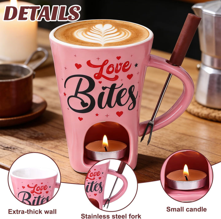 Keramik Schokofondue Tasse Set, 200ml Schoko Fondue Cup, Rosa Schokofondue Tasse mit Gabel und Teeli