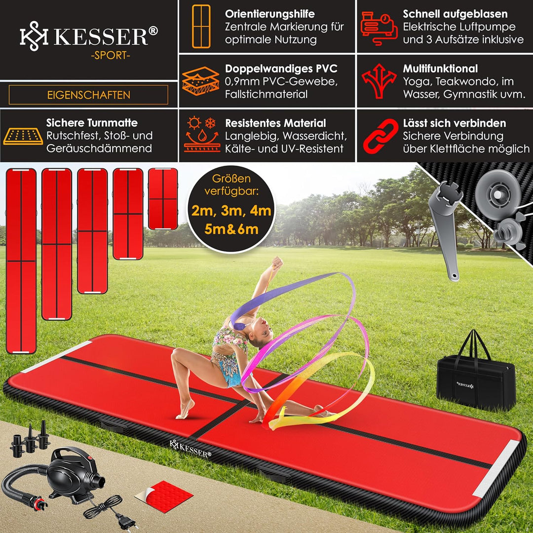 KESSER® Turnmatte Aufblasbar Airtrack Fitness-Matte Gymnastikmatte | inkl. Tragetasche & elektr. Luf