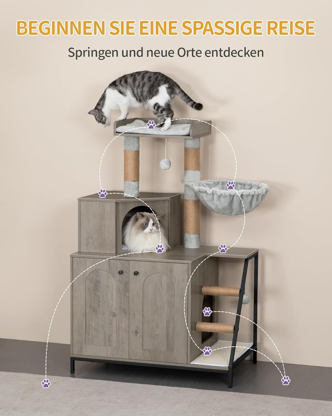 Hzuaneri Kratzbaum mit Katzenklo-Schrank, Katzenschrank, 4-in-1 Modernes Katzenhaus mit Grosser Plat