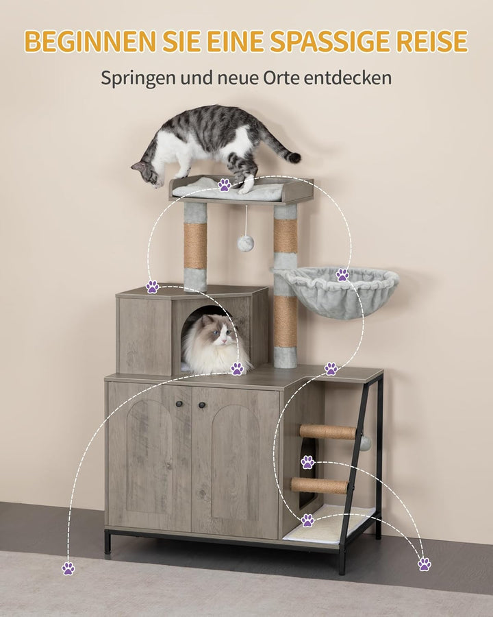 Hzuaneri Kratzbaum mit Katzenklo-Schrank, Katzenschrank, 4-in-1 Modernes Katzenhaus mit Grosser Plat