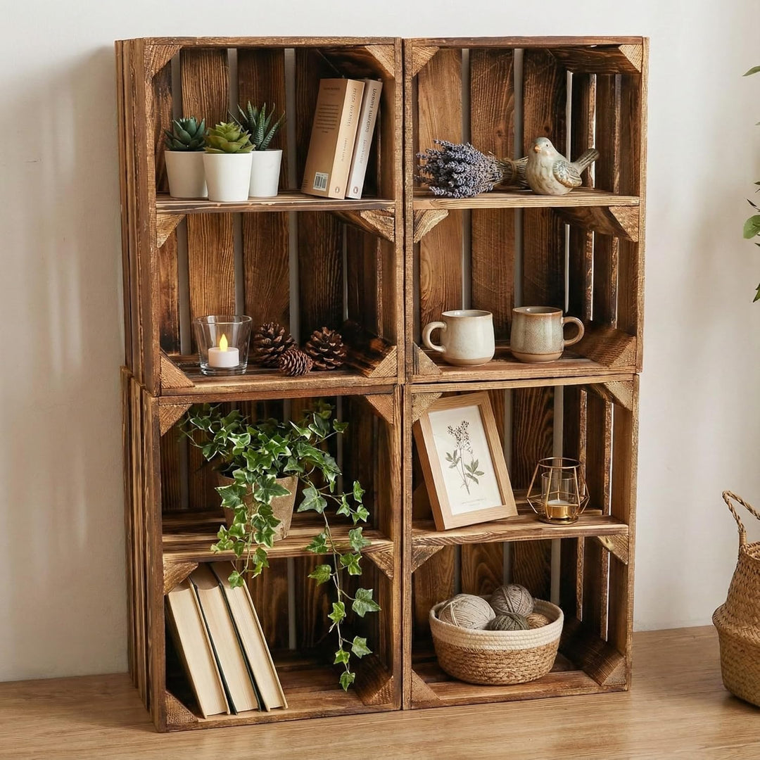 Teramico Vintage Holzkisten 40 x 30 x 25cm geflammt | Weinkisten &amp; Obstkisten | Set-Angebote (4er Se