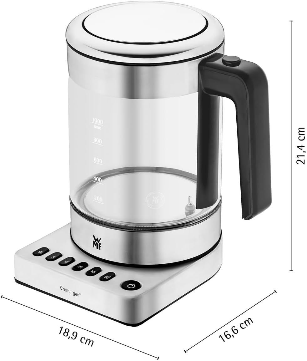 WMF Küchenminis 2 in 1 Vario Wasserkocher mit Temperatureinstellung, 1l, 1900 W, Teekocher Glas mit