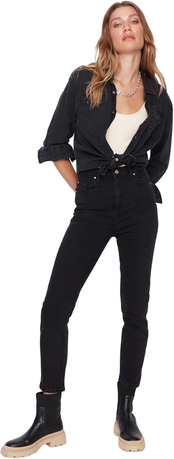 TRENDYOL Damen Herren Basic Hoher Bund Slim Jeans 34 Schwarz, 34 Schwarz