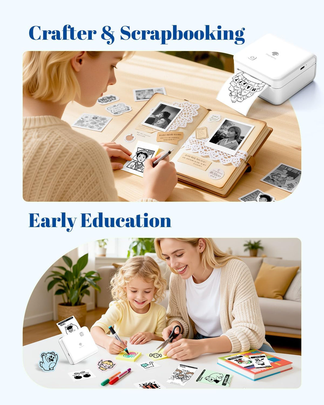 Phomemo Mini Thermodrucker 300DPI - Mini Fotodrucker, Schwarz-Weiss Foto-Thermo-Aufkleber Drucker, P