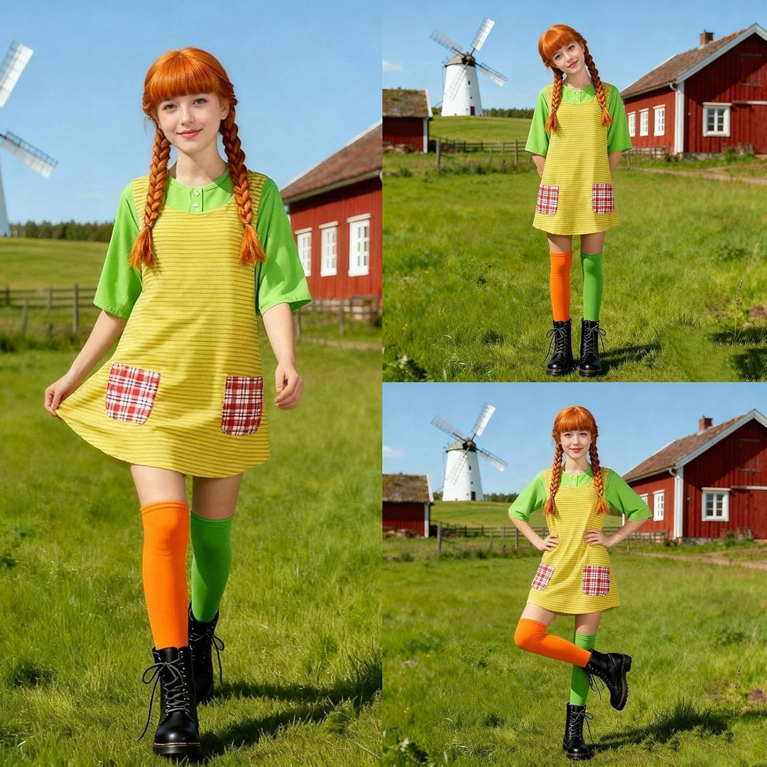 Fasching Kostüm Kinder Mädchen, Langstrumpf Cosplay Kostümset mit Langen Kindersocken XS #Z-damen 01