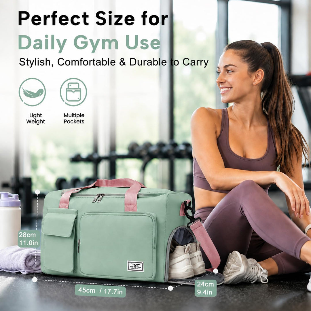 FIORETTO 35L Damen Sporttasche Faltbare Reisetasche mit Schuhfach und Nassfach, Wasserabweisende Wee