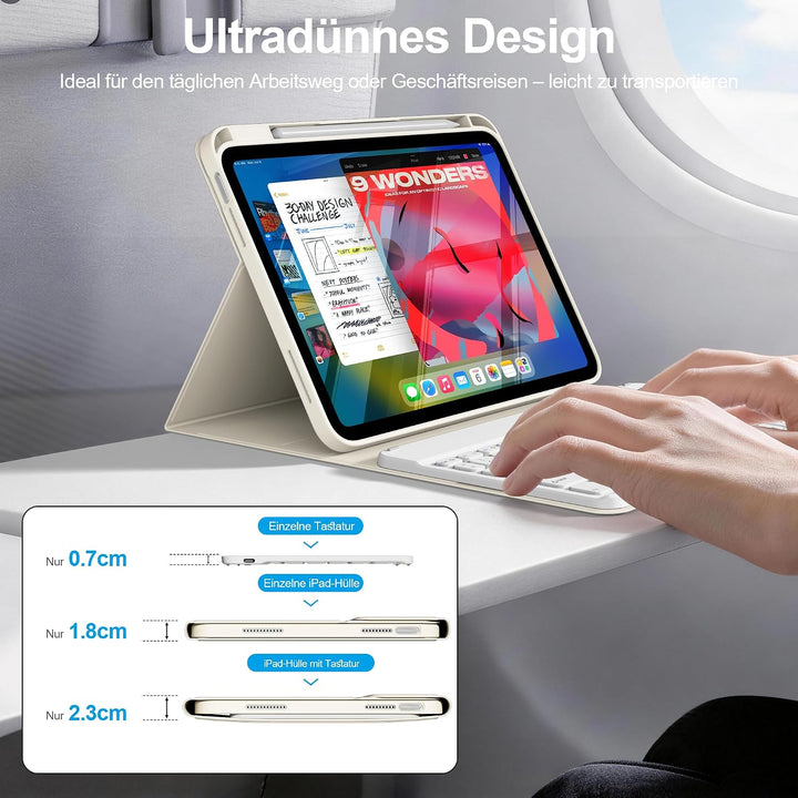 Tastatur Hülle für iPad A16 11. Gen/iPad 10. Gen, QWERTZ, Cremeweiss | Kabellose Magnetische Tastatu