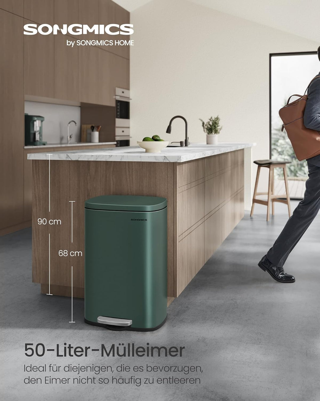 SONGMICS Mülleimer Küche, 50 Liter, Abfalleimer, Treteimer, mit Deckel, Softclose, Fusspedal, Stahl,